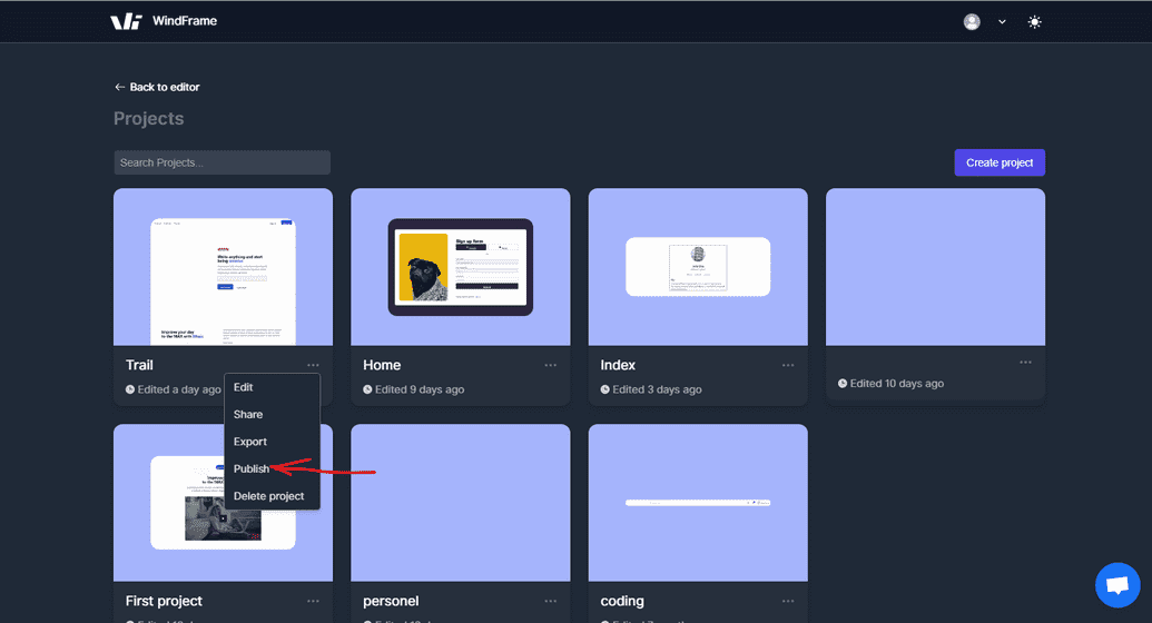 Publish account from account dashboard